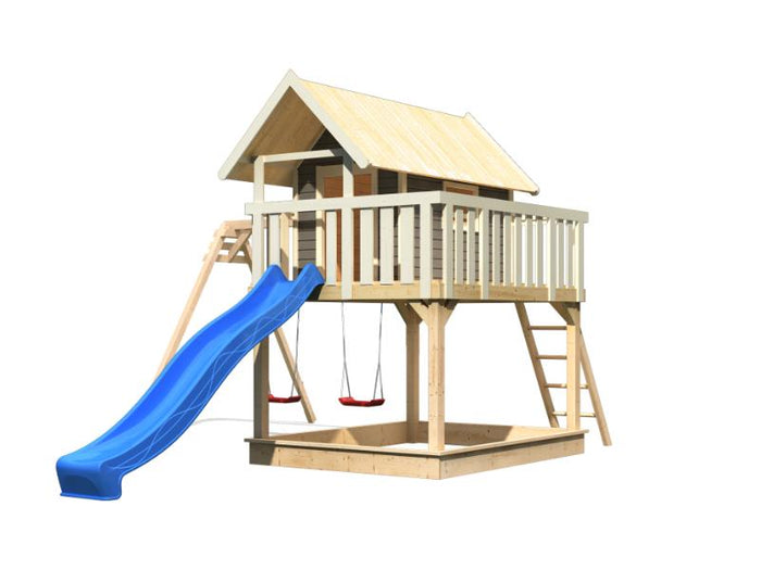 Karibu Stelzenhaus Fidel in grau + Rutsche blau + Doppelschaukelanbau