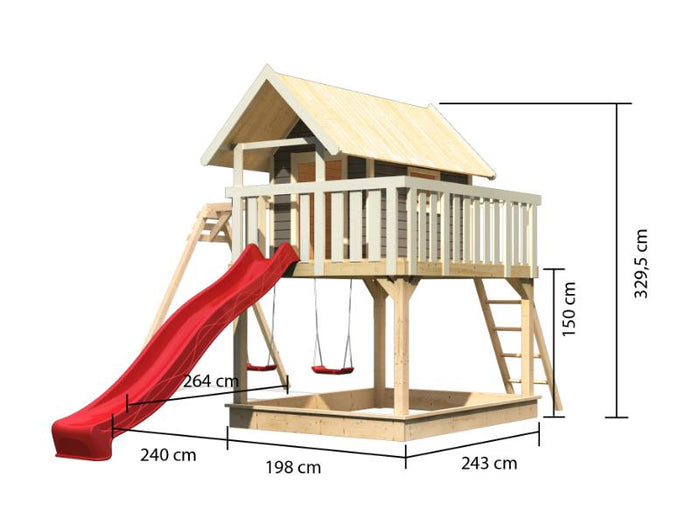 Karibu Stelzenhaus Fidel in grau + Rutsche rot + Doppelschaukelanbau