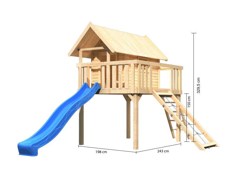 Karibu Stelzenhaus Fidel naturbelassen + Rutsche blau + Netzrampe