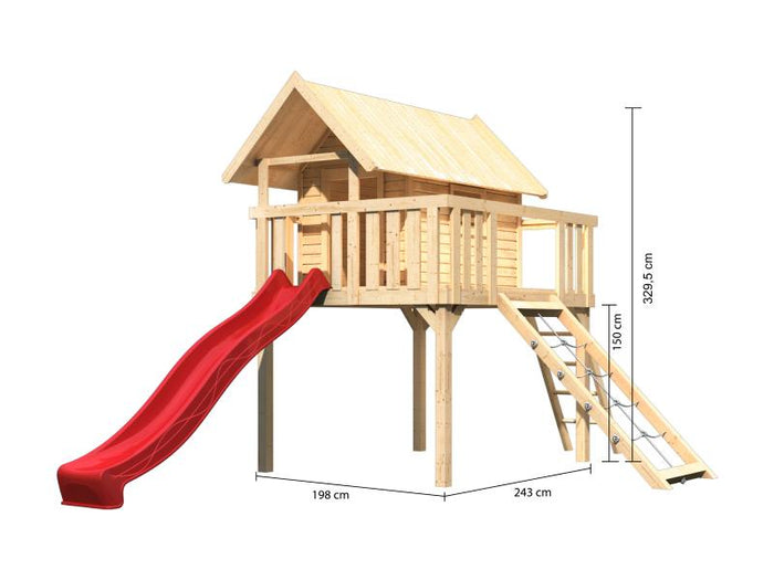 Karibu Stelzenhaus Fidel naturbelassen + Rutsche rot + Netzrampe