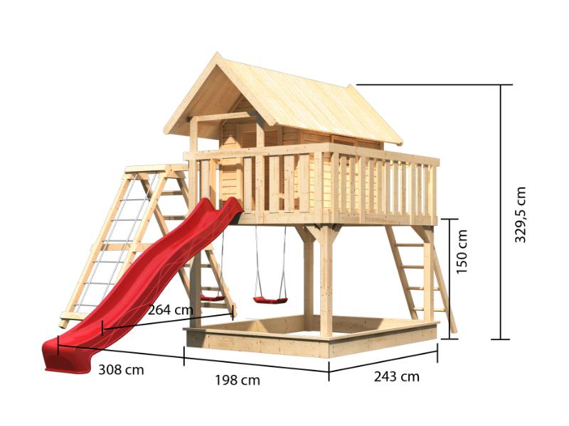 Karibu Stelzenhaus Fidel naturbelassen + Rutsche rot + Doppelschaukelanbau + Klettergerüst und Netzr