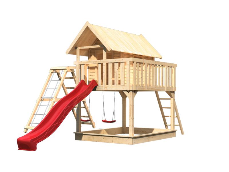 Karibu Stelzenhaus Fidel naturbelassen + Rutsche rot + Doppelschaukelanbau + Klettergerüst und Netzr