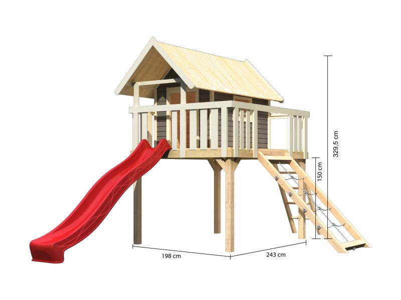 Karibu Stelzenhaus Fidel terragrau + Rutsche rot + Netzrampe