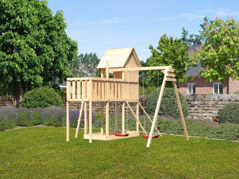 Karibu Stelzenhaus Frieda + Doppelschaukel + Anbauplattform + Netzrampe
