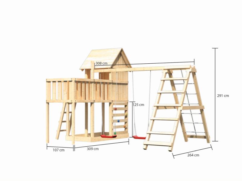 Karibu Stelzenhaus Frieda + Doppelschaukel Klettergerüst + Anbauplattform + Kletterwand