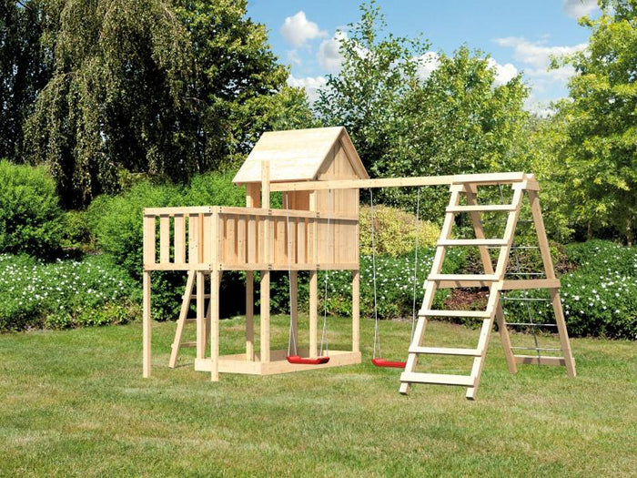 Karibu Stelzenhaus Frieda + Doppelschaukelanbau Klettergerüst + Anbauplattform