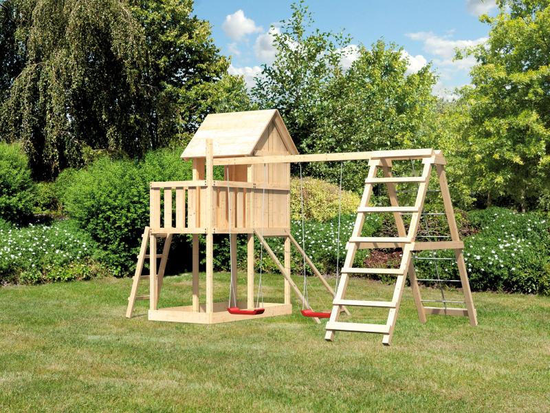 Karibu Stelzenhaus Frieda + Doppelschaukelanbau Klettergerüst + Netzrampe