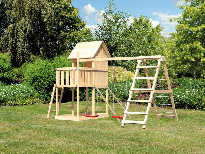 Karibu Stelzenhaus Frieda + Doppelschaukelanbau Klettergerüst + Netzrampe