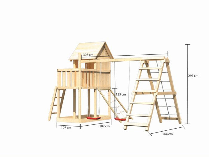 Karibu Stelzenhaus Frieda + Doppelschaukelanbau Klettergerüst + Netzrampe