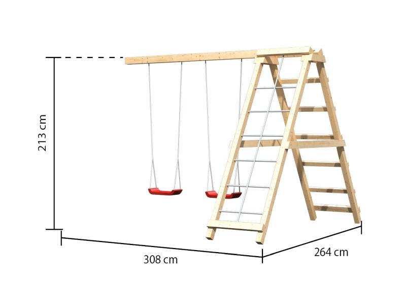 Karibu Stelzenhaus Frieda + Doppelschaukelanbau Klettergerüst + Netzrampe