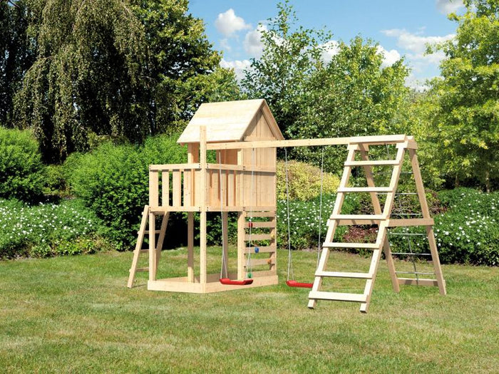 Karibu Stelzenhaus Frieda + Doppelschaukelanbau Klettergerüst + Kletterwand