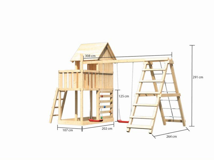 Karibu Stelzenhaus Frieda + Doppelschaukelanbau Klettergerüst + Kletterwand