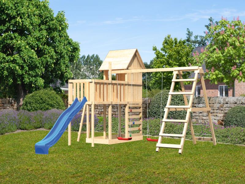 Karibu Stelzenhaus Frieda + Rutsche blau + Doppelschaukel Klettergerüst + Anbauplattform + Kletterwa