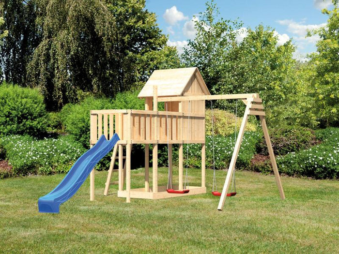 Karibu Stelzenhaus Frieda + Rutsche blau + Doppelschaukel + Anbauplattform