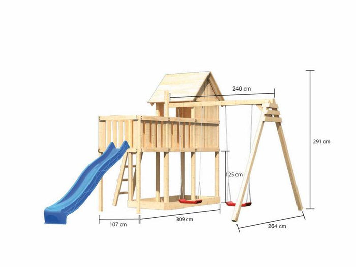 Karibu Stelzenhaus Frieda + Rutsche blau + Doppelschaukel + Anbauplattform