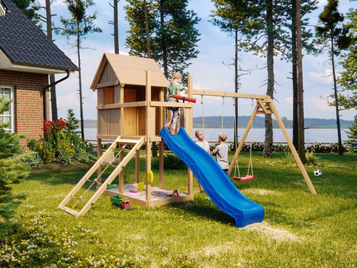 Karibu Stelzenhaus Frieda + Rutsche blau + Doppelschaukel + Netzrampe