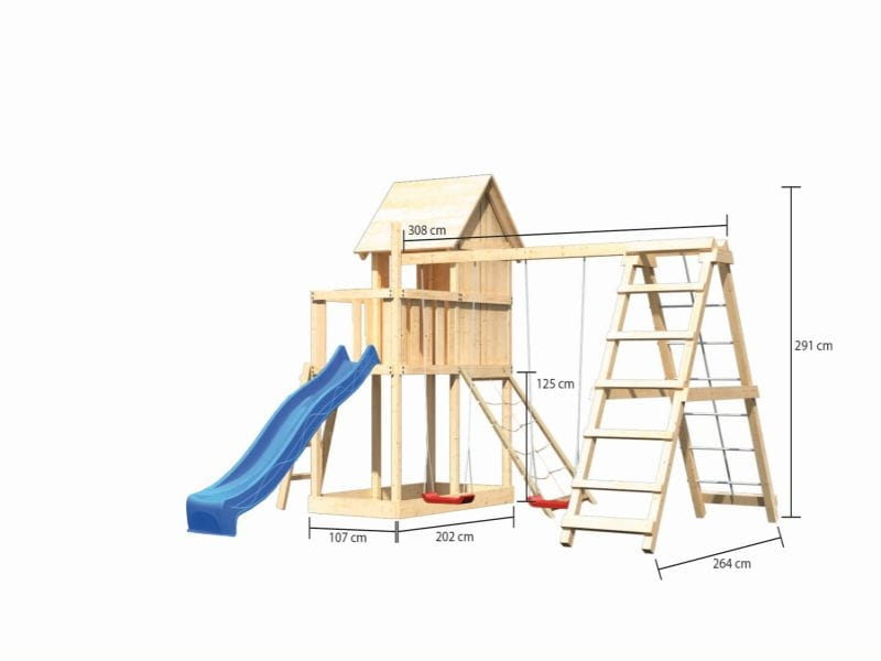 Karibu Stelzenhaus Frieda + Rutsche blau + Doppelschaukel mit Klettergerüst + Netzrampe