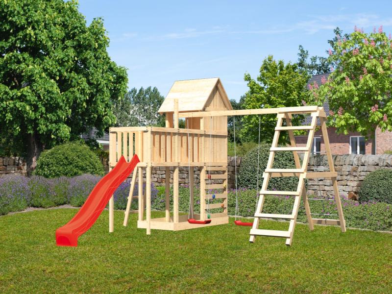 Karibu Stelzenhaus Frieda + Rutsche rot + Doppelschaukel Klettergerüst + Anbauplattform + Kletterwan