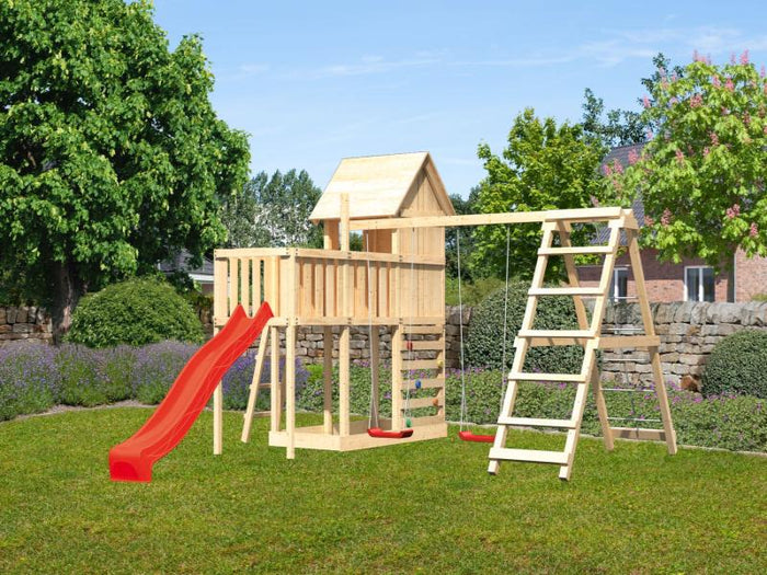 Karibu Stelzenhaus Frieda + Rutsche rot + Doppelschaukel Klettergerüst + Anbauplattform + Kletterwan