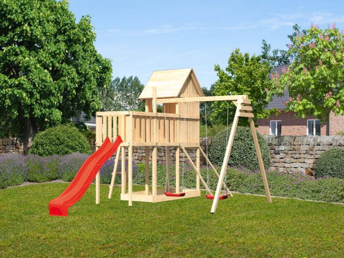 Karibu Stelzenhaus Frieda + Rutsche rot + Doppelschaukel + Anbauplattform + Netzrampe