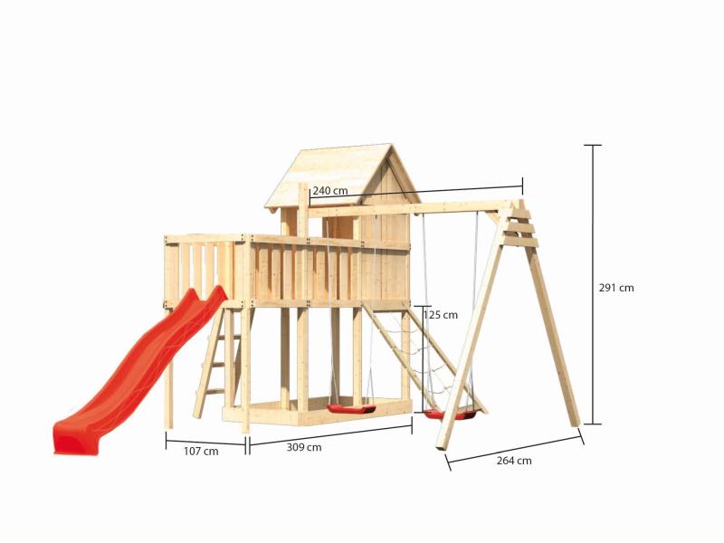 Karibu Stelzenhaus Frieda + Rutsche rot + Doppelschaukel + Anbauplattform + Netzrampe