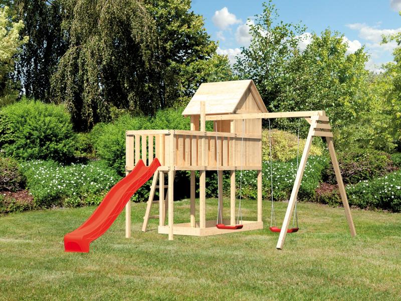 Karibu Stelzenhaus Frieda + Rutsche rot + Doppelschaukel + Anbauplattform