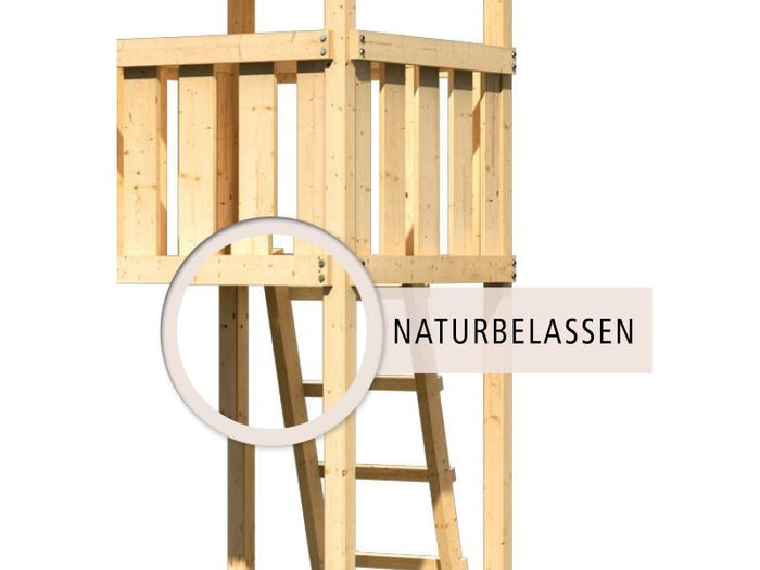 Karibu Stelzenhaus Frieda + Rutsche rot + Doppelschaukel + Anbauplattform