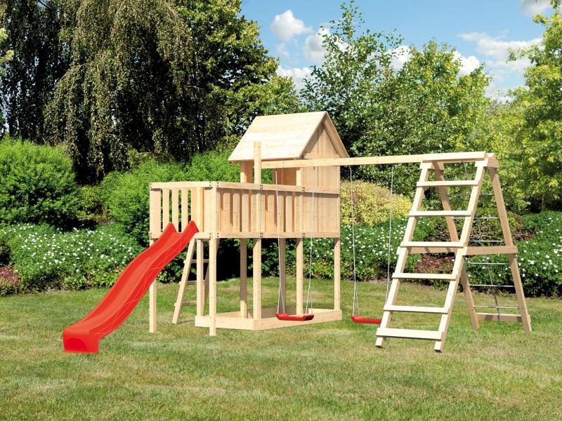 Karibu Stelzenhaus Frieda + Rutsche rot + Doppelschaukelanbau Klettergerüst + Anbauplattform