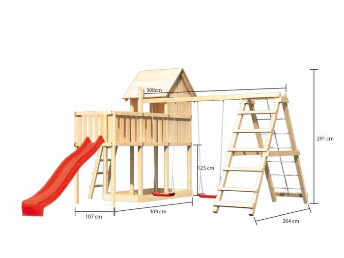 Karibu Stelzenhaus Frieda + Rutsche rot + Doppelschaukelanbau Klettergerüst + Anbauplattform