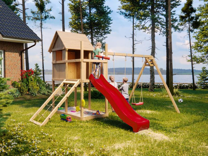 Karibu Stelzenhaus Frieda + Rutsche rot + Doppelschaukel + Netzrampe