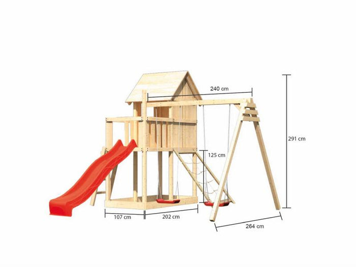Karibu Stelzenhaus Frieda + Rutsche rot + Doppelschaukel + Netzrampe