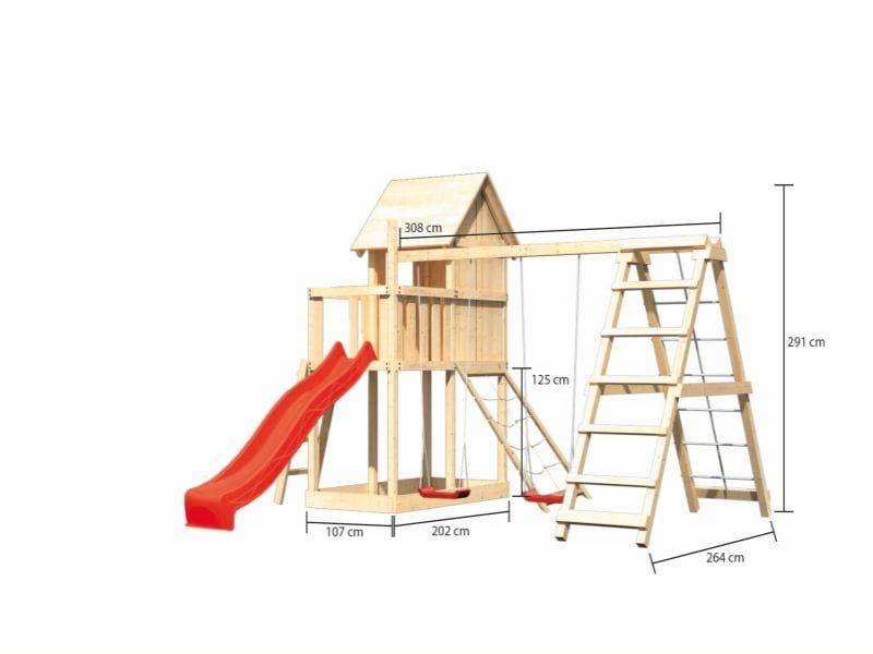 Karibu Stelzenhaus Frieda + Rutsche rot + Doppelschaukel mit Klettergerüst + Netzrampe