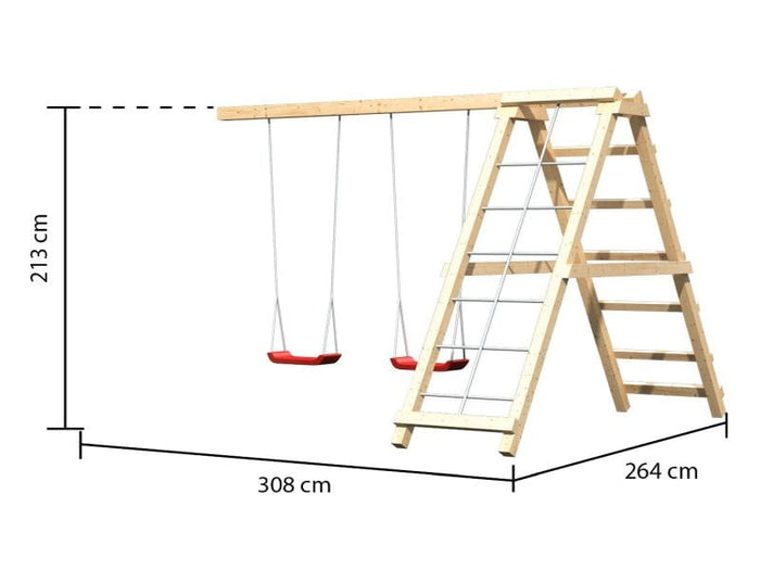 Karibu Stelzenhaus Frieda + Rutsche rot + Doppelschaukel mit Klettergerüst + Netzrampe