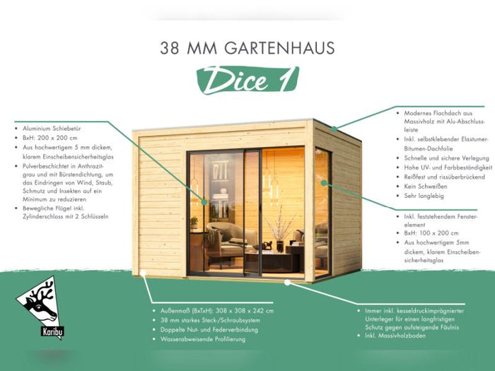 Karibu Studio Dice 1 natur 38 mm,  inkl. Fußboden und selbstklebende Dachfolie