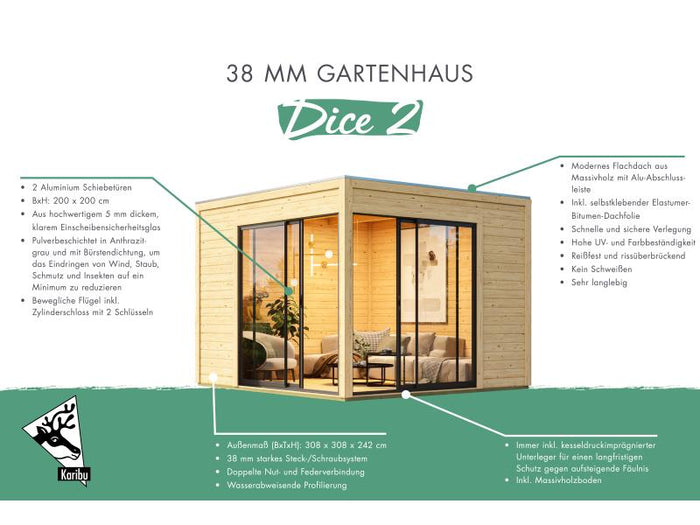 Karibu Studio Dice 3 natur 38 mm, inkl. Fußboden und selbstklebende Dachfolie