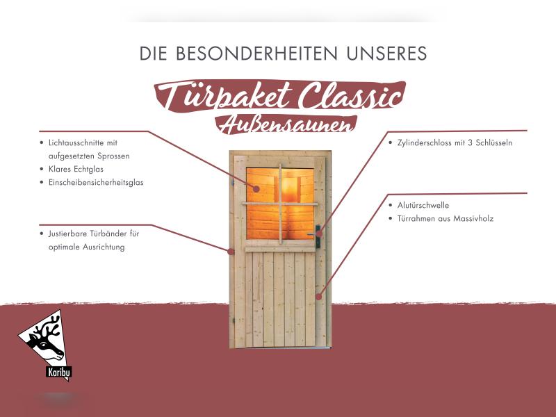Karibu Türpaket Außensauna Klassisch, naturbelassen, 40 mm Saunahäuser