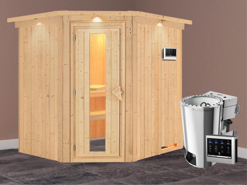Lilja - Karibu Sauna Plug & Play 3,6 kW Bio Ofen, ext. Steuerung - mit Dachkranz - Energiespartür