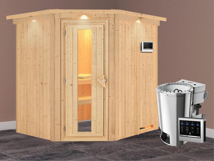 Lilja - Karibu Sauna Plug & Play 3,6 kW Bio Ofen, ext. Steuerung - mit Dachkranz - Energiespartür