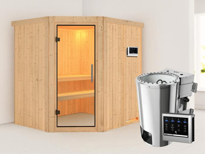 Lilja - Karibu Sauna Plug & Play 3,6 kW Bio Ofen, ext. Steuerung - ohne Dachkranz - Klarglas Ganzgla