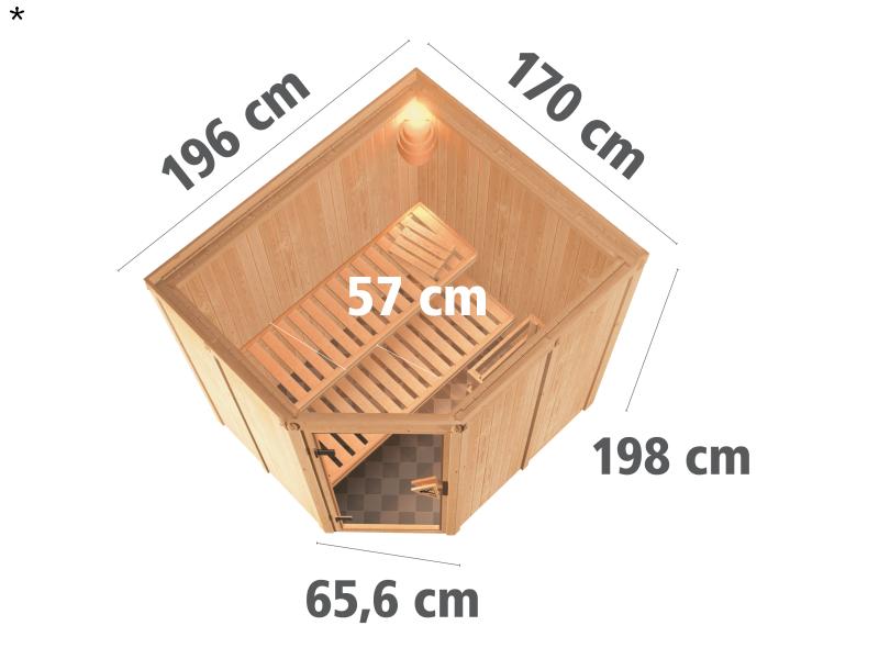 Lilja - Karibu Sauna Plug & Play 3,6 kW Bio Ofen, ext. Steuerung - ohne Dachkranz - Klarglas Ganzgla