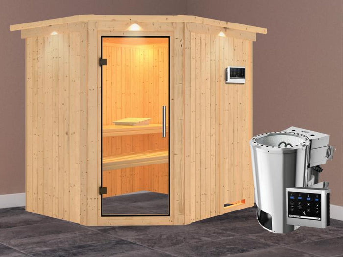 Lilja - Karibu Sauna Plug & Play 3,6 kW Bio Ofen, ext. Steuerung - mit Dachkranz - Klarglas Ganzglas