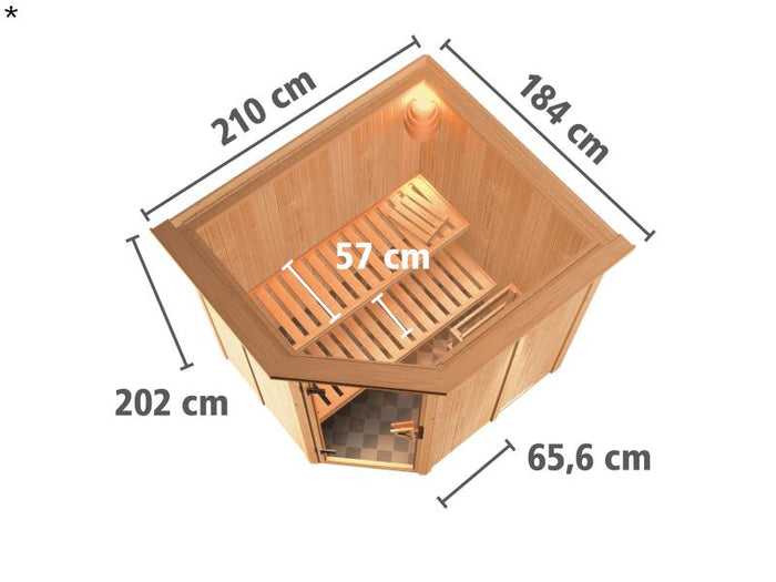 Lilja - Karibu Sauna Plug & Play 3,6 kW Bio Ofen, ext. Steuerung - mit Dachkranz - Klarglas Ganzglas