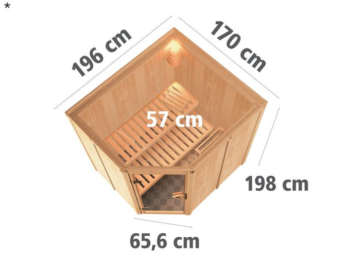 Lilja - Karibu Sauna Plug & Play 3,6 kW Ofen, ext. Steuerung - ohne Dachkranz - Energiespartür