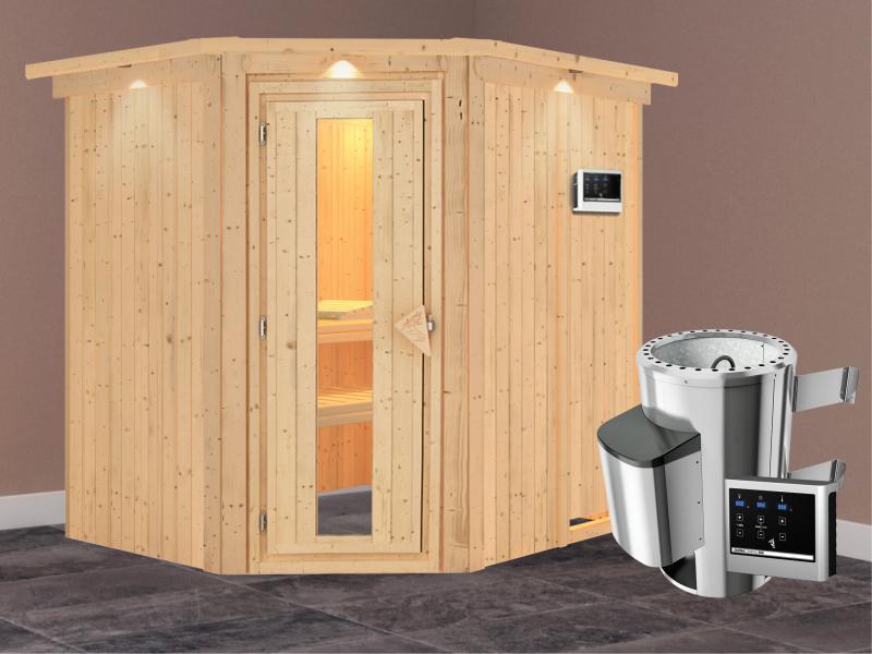 Lilja - Karibu Sauna Plug & Play 3,6 kW Ofen, ext. Steuerung - mit Dachkranz - Energiespartür