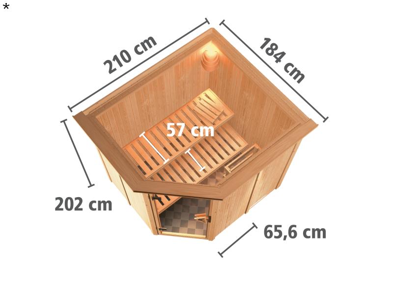 Lilja - Karibu Sauna Plug & Play 3,6 kW Ofen, ext. Steuerung - mit Dachkranz - Energiespartür