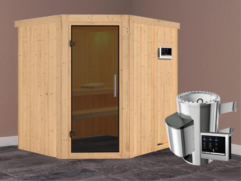 Lilja - Karibu Sauna Plug & Play 3,6 kW Ofen, ext. Steuerung - ohne Dachkranz - Moderne Saunatür