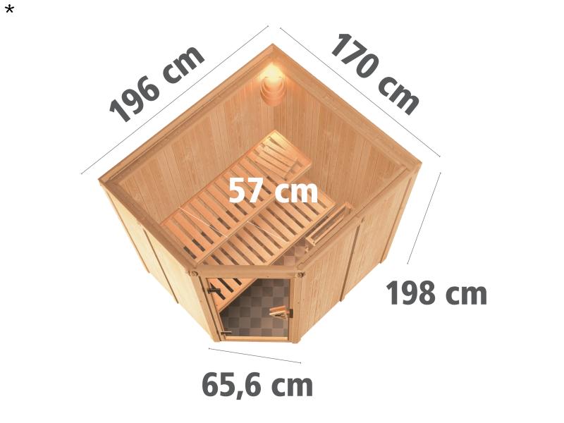 Lilja - Karibu Sauna Plug & Play 3,6 kW Ofen, ext. Steuerung - ohne Dachkranz - Moderne Saunatür