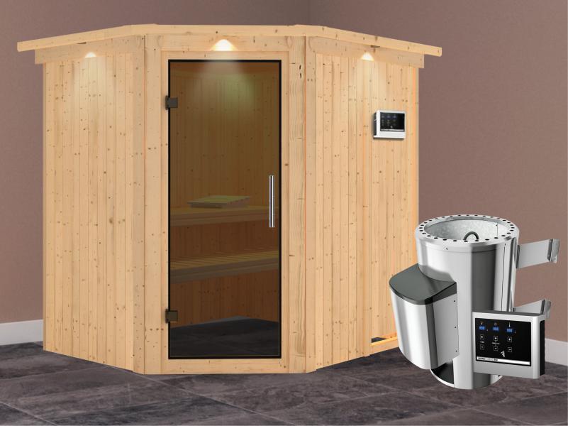Lilja - Karibu Sauna Plug & Play 3,6 kW Ofen, ext. Steuerung - mit Dachkranz - Moderne Saunatür