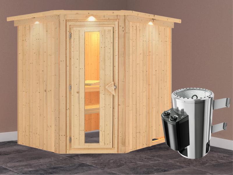 Lilja - Karibu Sauna Plug & Play 3,6 kW Ofen, int. Steuerung - mit Dachkranz - Energiespartür