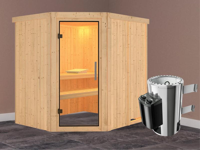 Lilja - Karibu Sauna Plug & Play 3,6 kW Ofen, int. Steuerung - ohne Dachkranz - Klarglas Ganzglastür